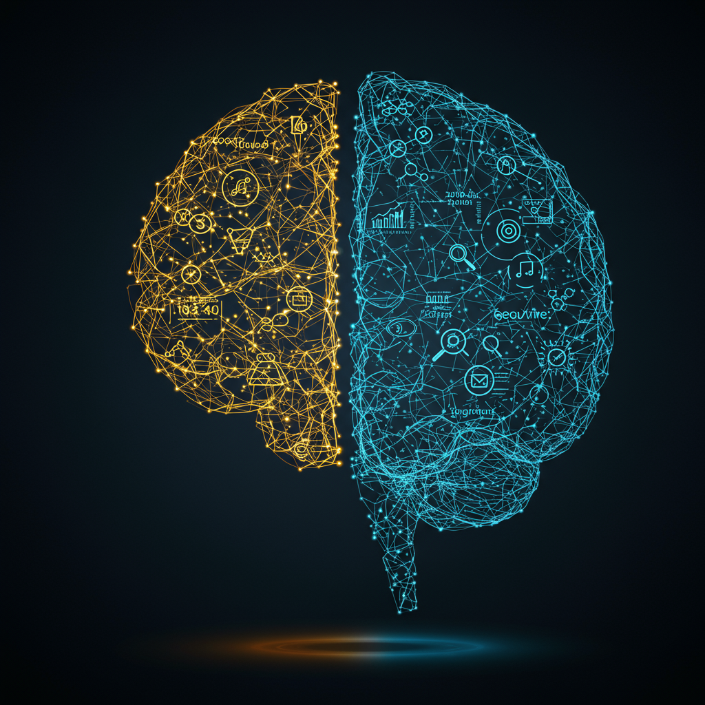 Wizualizacja mózgu łączącego kreatywność z logiką i danymi SEO.