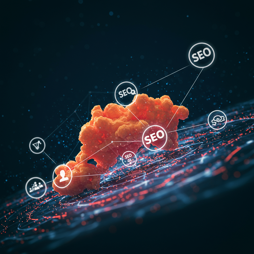 Wizualizacja strategicznej sieci online, symbolizująca przepływ danych i optymalizację SEO.