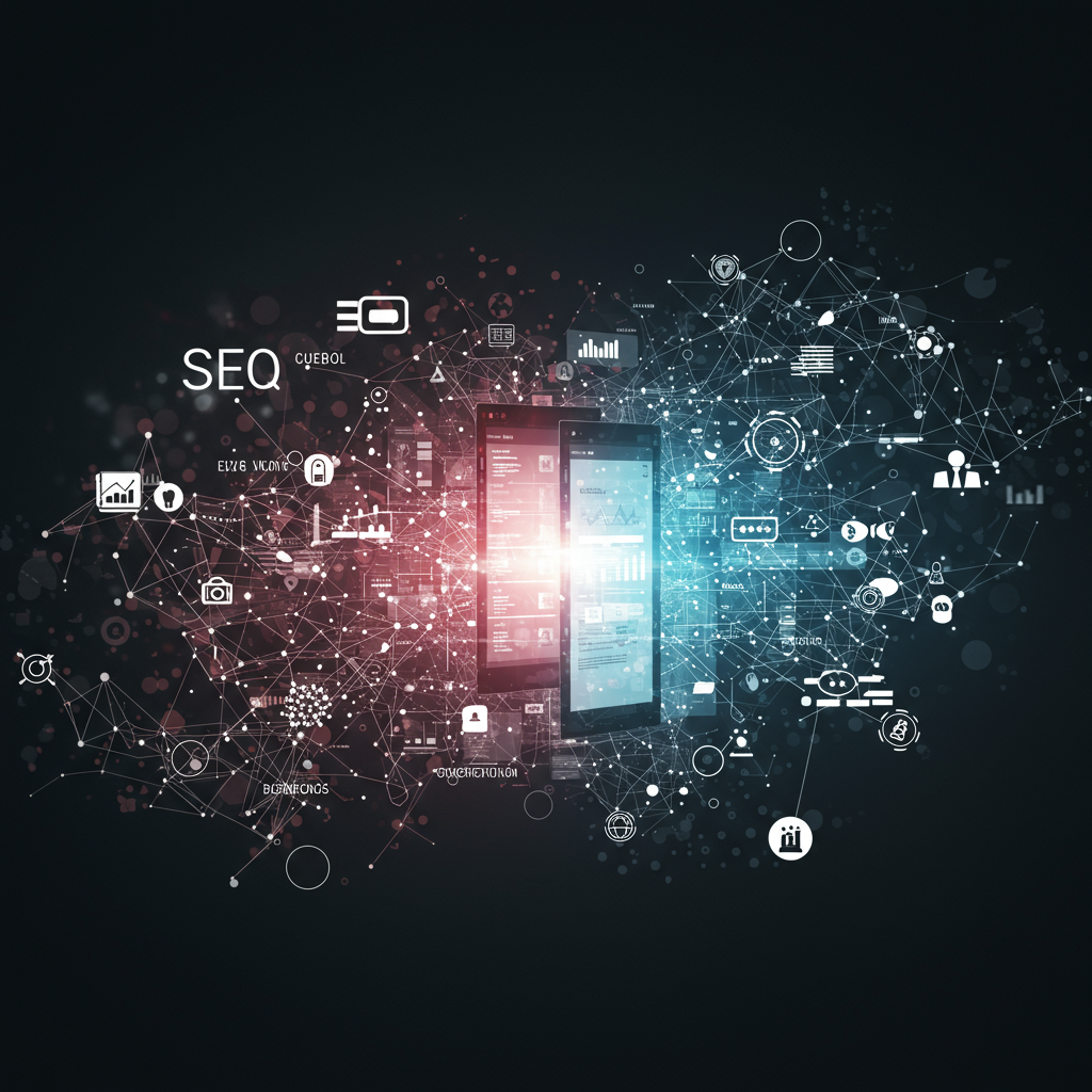 Wizualizacja złożonej sieci elementów cyfrowych (SEO, UX, analityka) integrujących się w spójną stronę internetową.