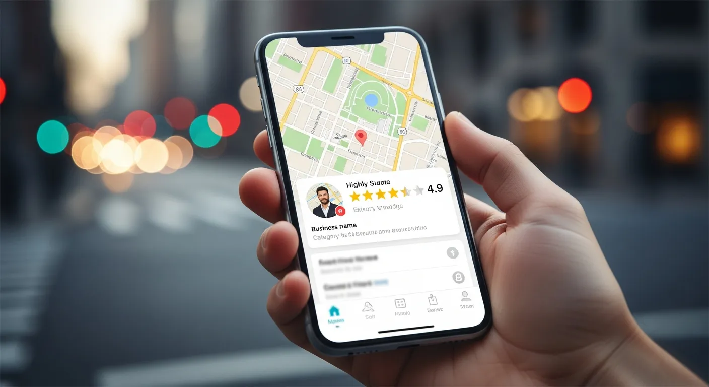 Smartfon wyświetlający wizytówkę Google Maps z wysokimi ocenami