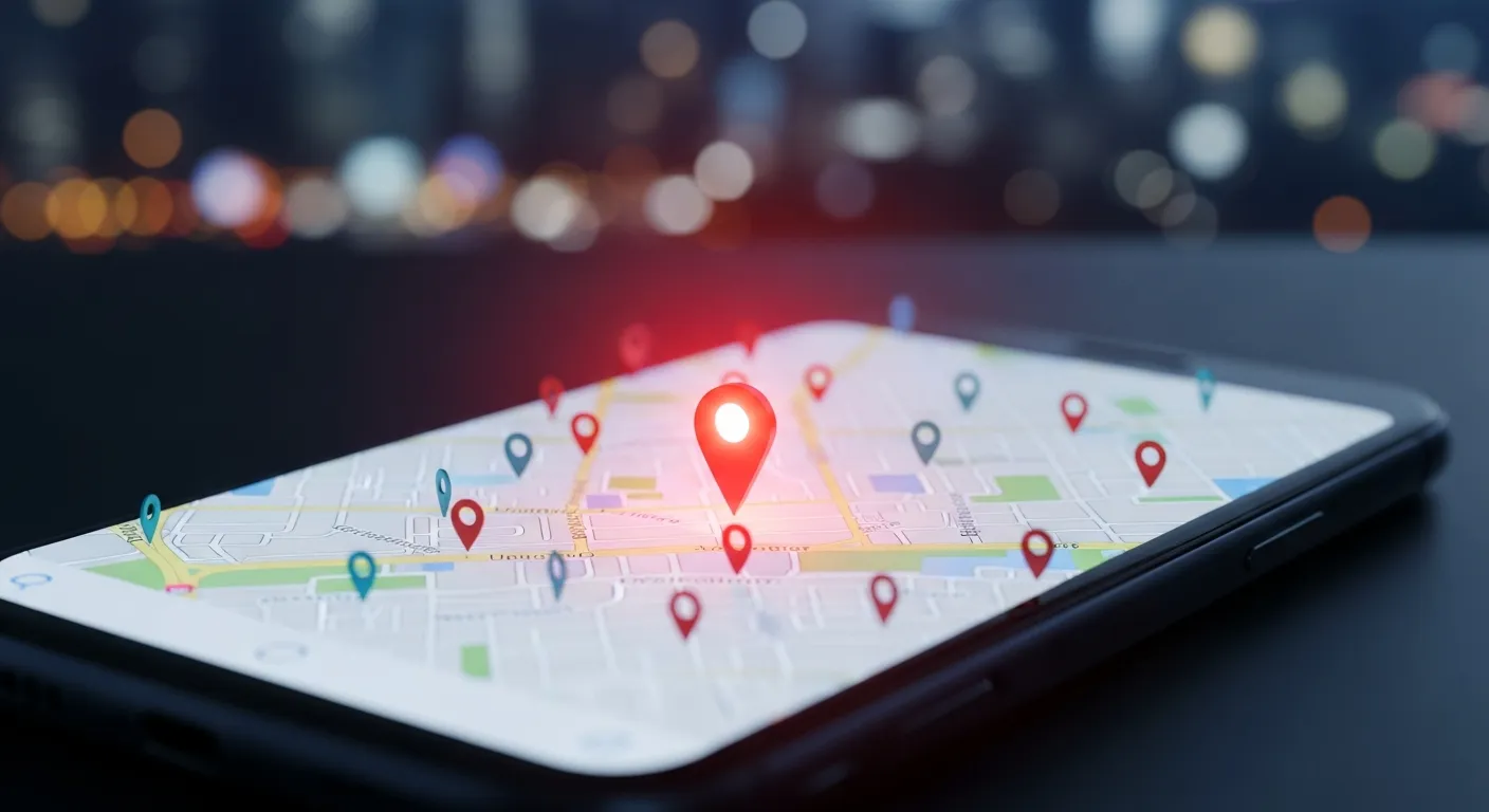 Smartfon wyświetlający mapę z wyróżnioną wizytówką firmy w Google Maps