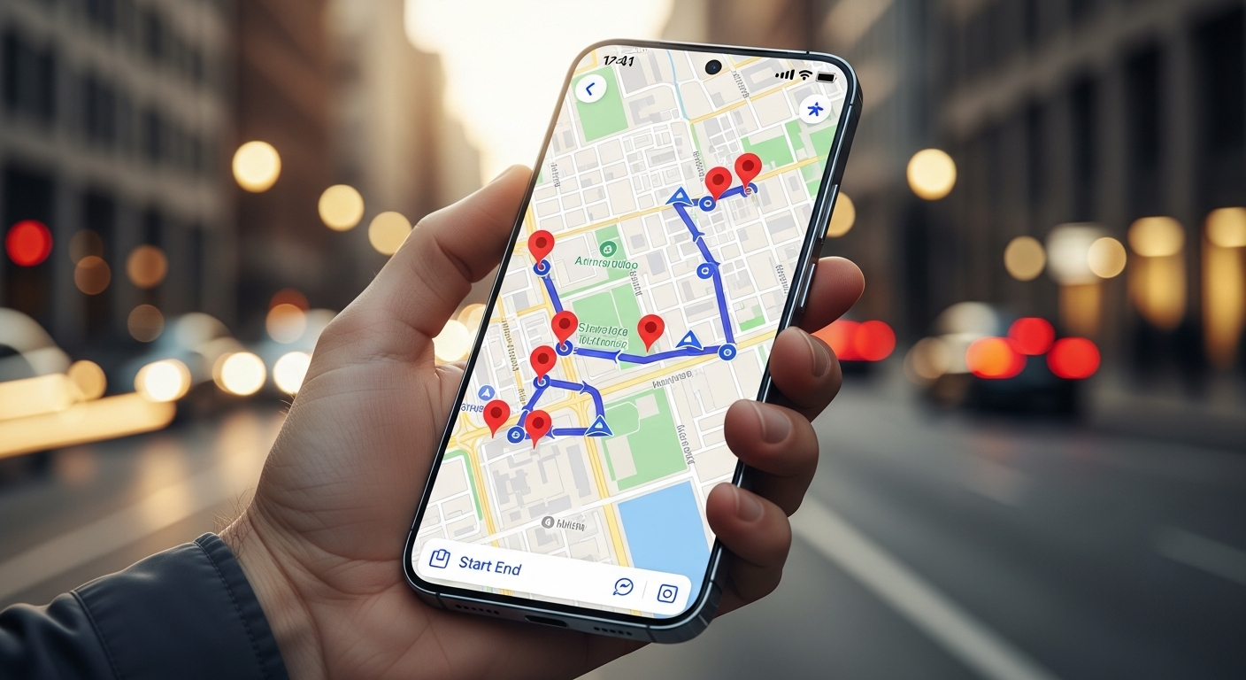 Smartfon z otwartą aplikacją mapy pokazujący wizytówki w Google Maps w kontekście miejskim