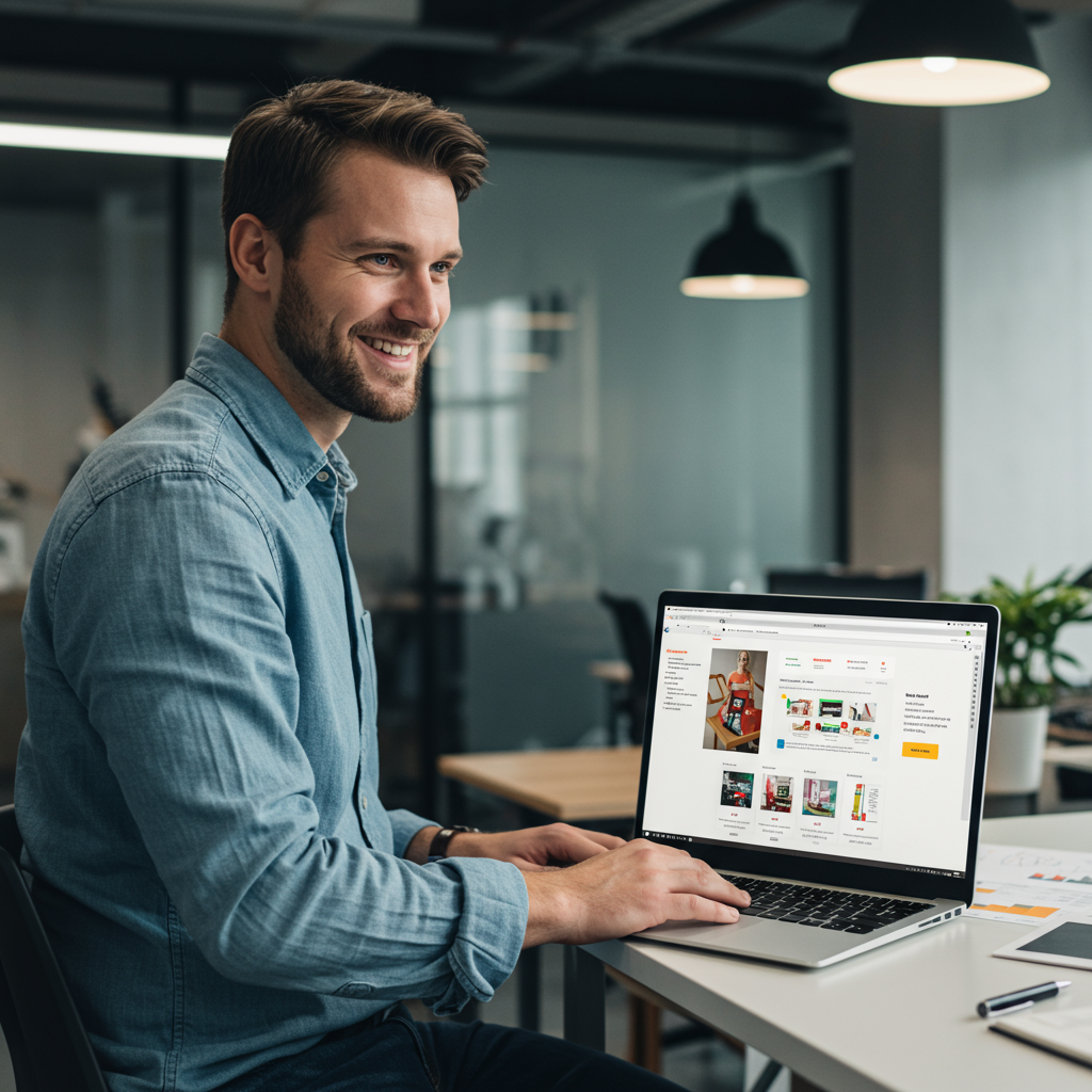 Właściciel firmy zadowolony z szybko ładującej się strony internetowej na laptopie