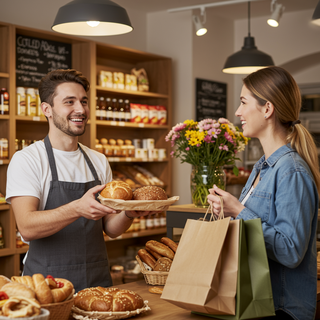 Właściciel lokalnej piekarni obsługujący z uśmiechem klienta