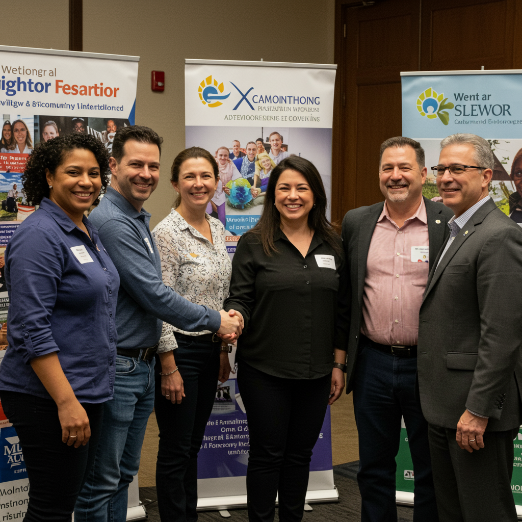 Właściciele lokalnych firm wymieniający się uściskami dłoni na wydarzeniu networkingowym