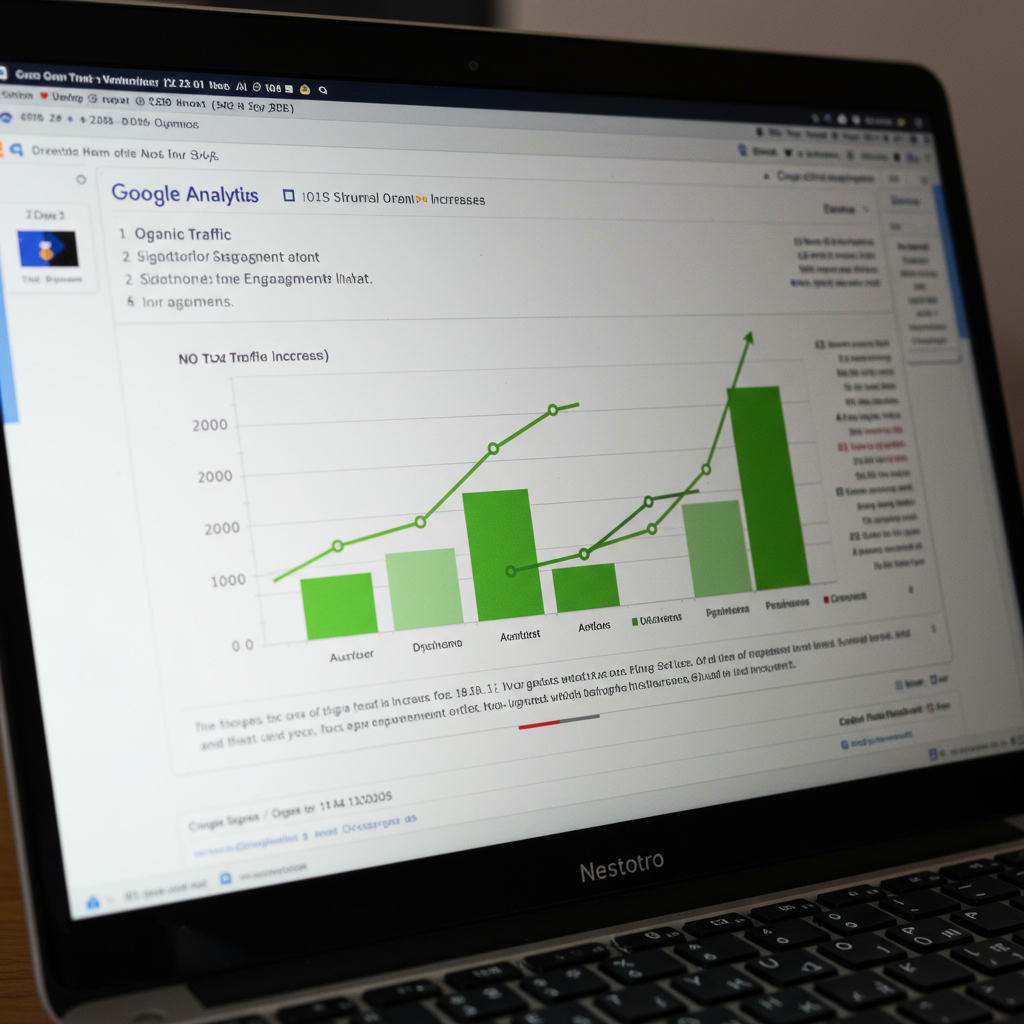 Wykresy Google Analytics pokazujące wzrost ruchu organicznego.