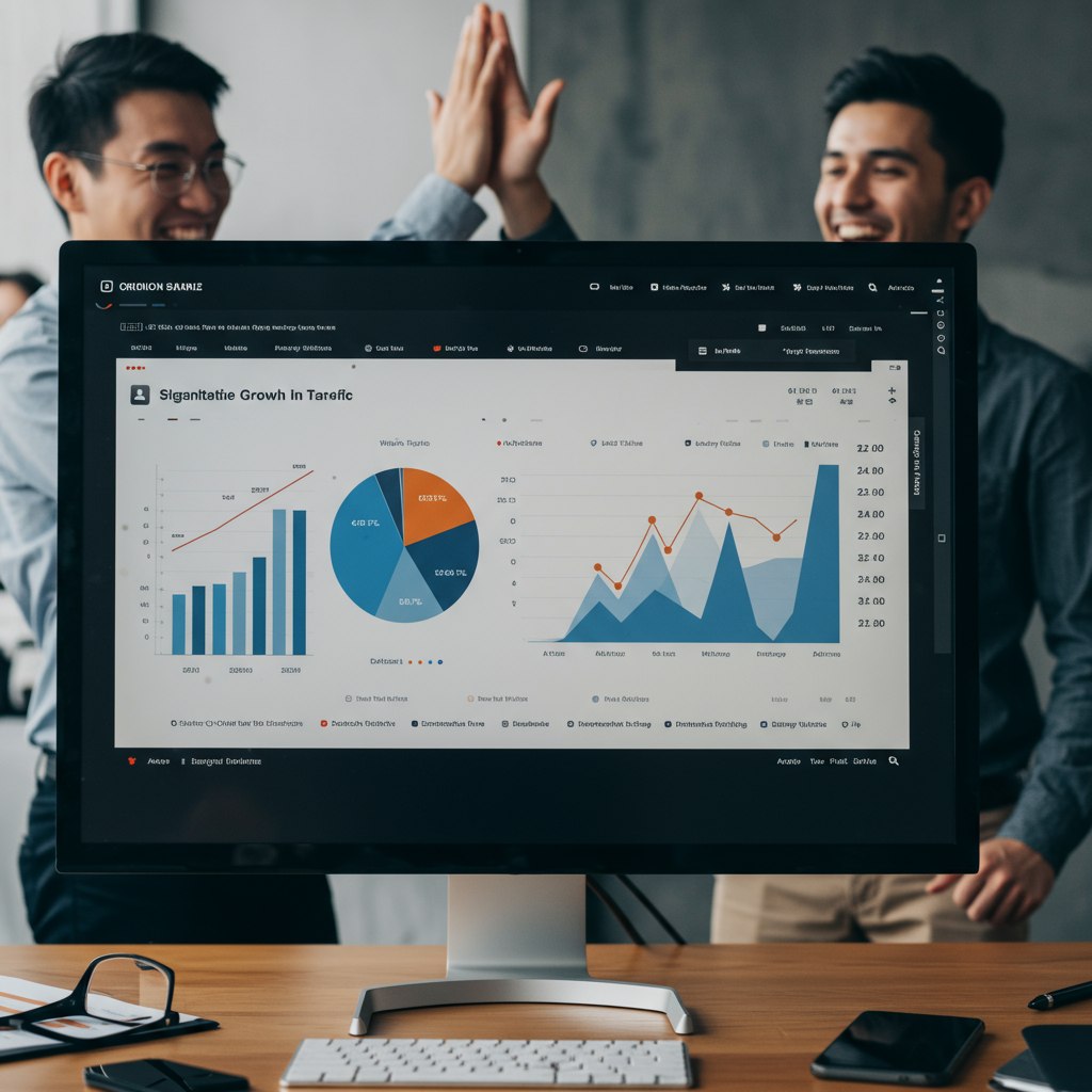 Wykresy przedstawiające imponujący wzrost ruchu i konwersji po wdrożeniu strategii SEO copywritingu.