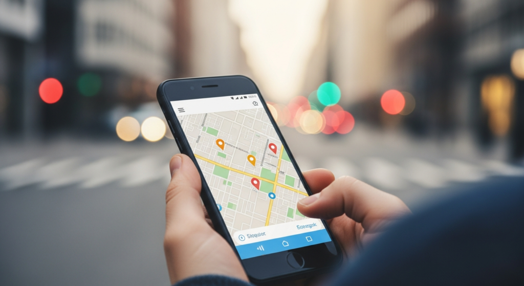 Użytkownik szukający usług w pobliżu na smartfonie wykorzystując lokalny marketing