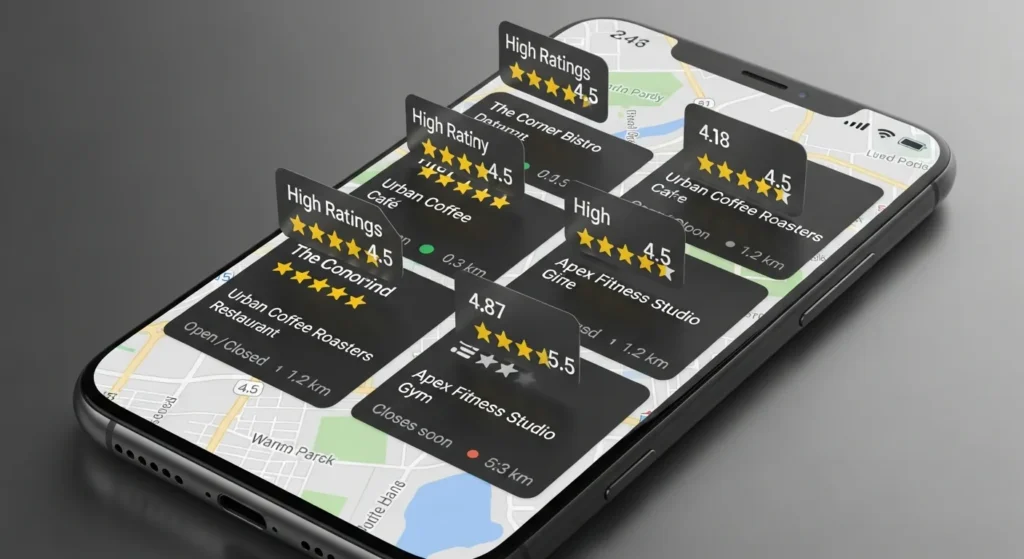 Wyniki wyszukiwania lokalnego na smartfonie
