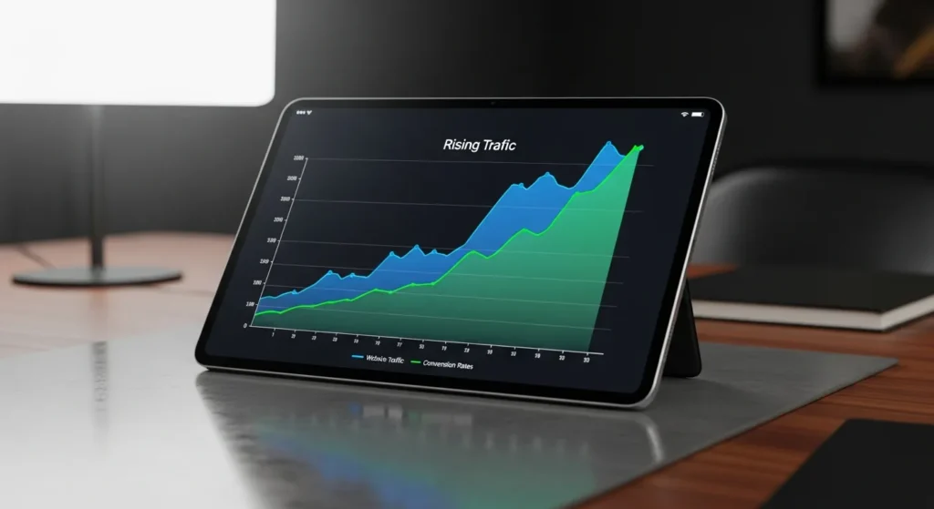 Wykres rosnący pokazujący wyniki pozycjonowania i wzrost ruchu