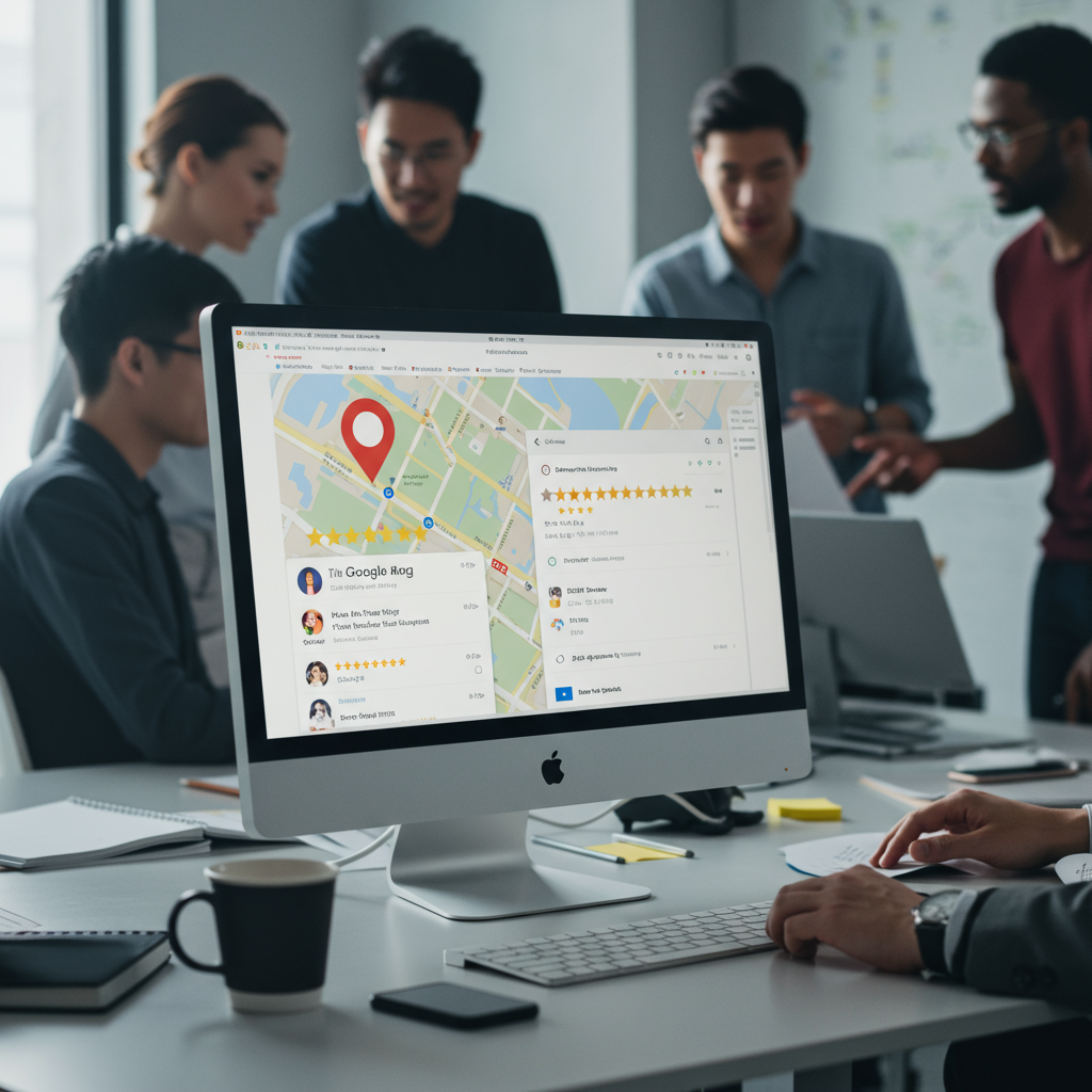 Zadowoleni klienci patrzą na wizytówkę firmy w Google Maps