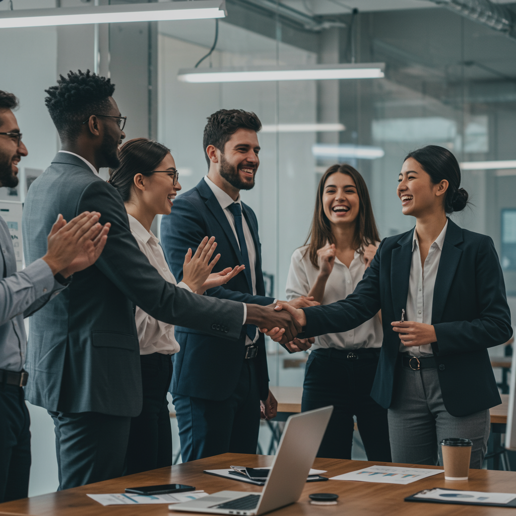 Zadowoleni właściciele firm świętujący sukcesy dzięki efektywnej strategii online, w tle dyskretne elementy cyfrowe.