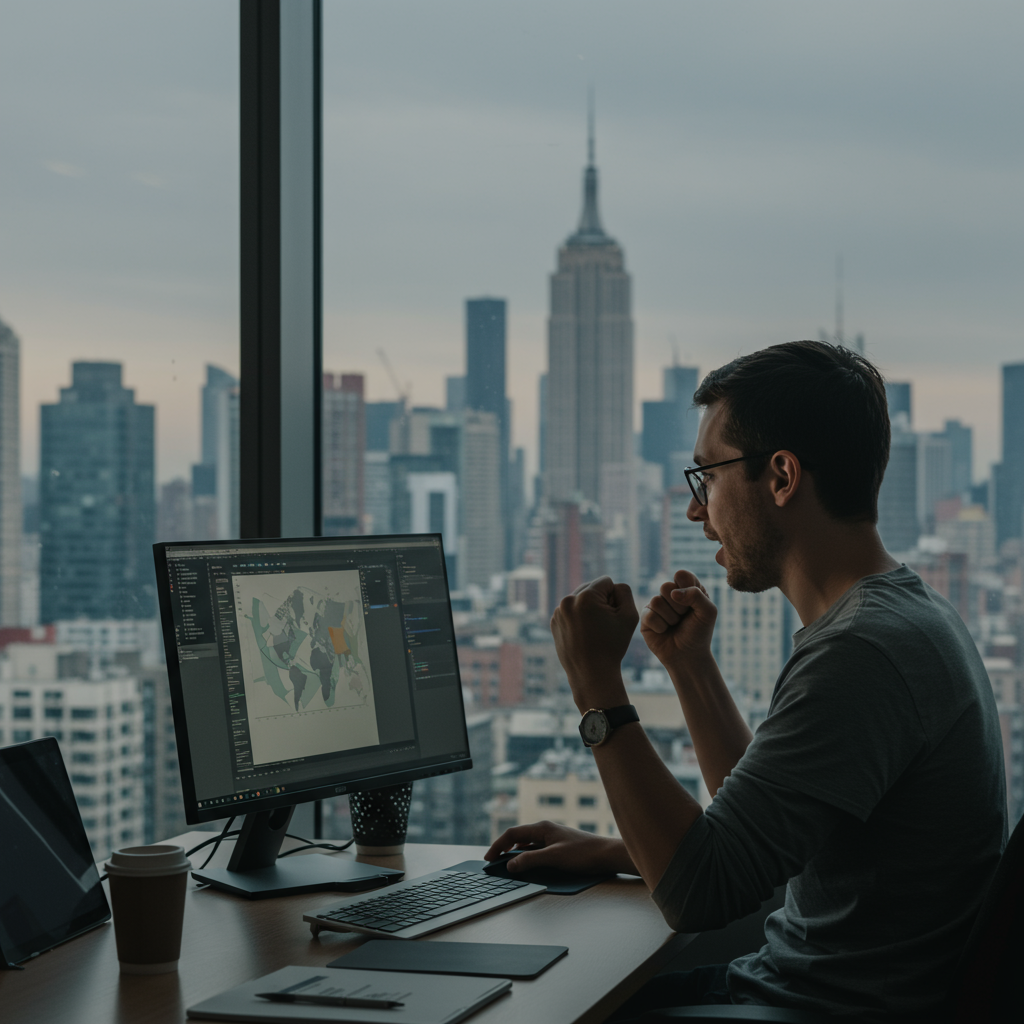 Zadowolona osoba przed monitorem komputera, symbolizująca sukces w transakcji domenowej