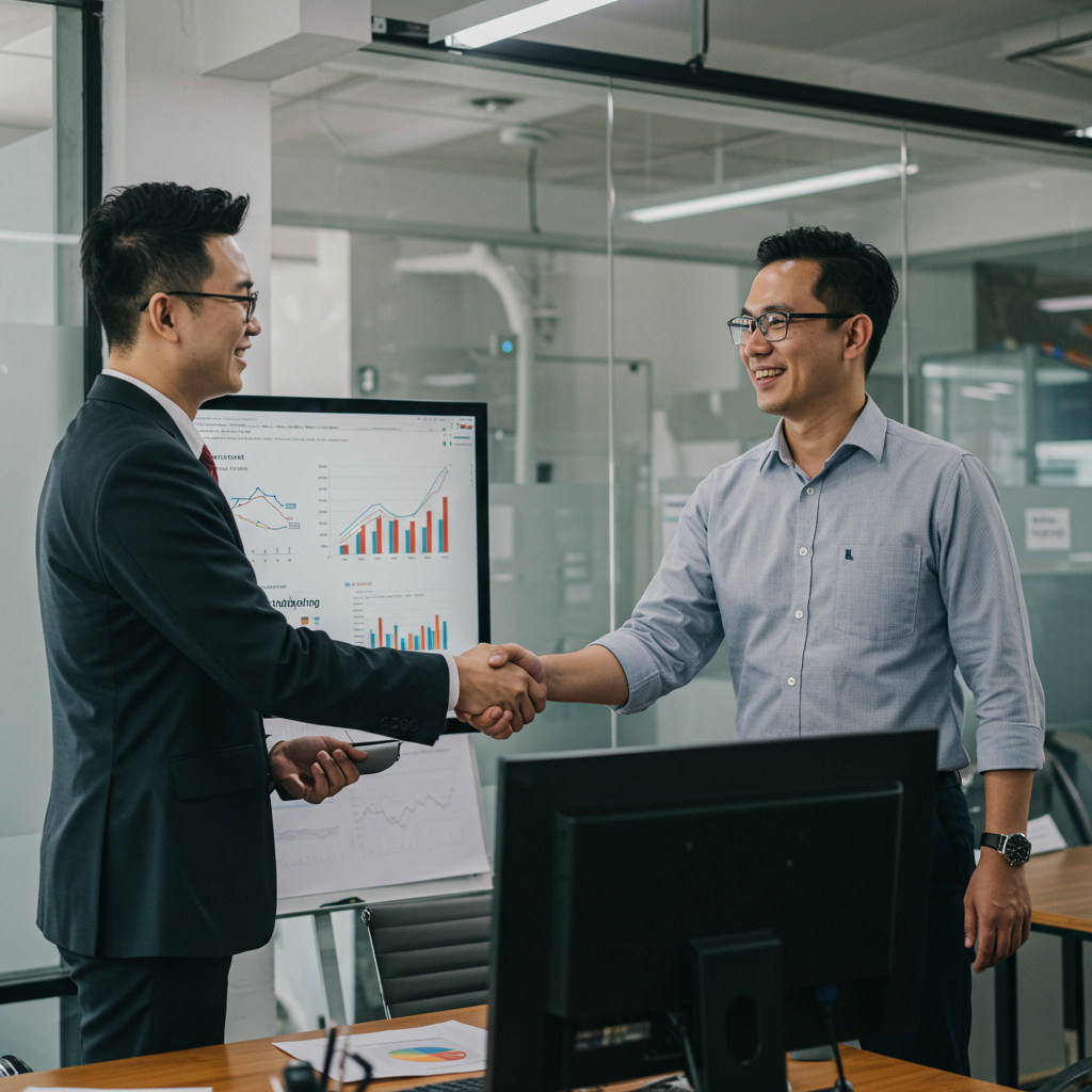 Zadowolony klient dziękuje agencji za osiągnięte rezultaty.