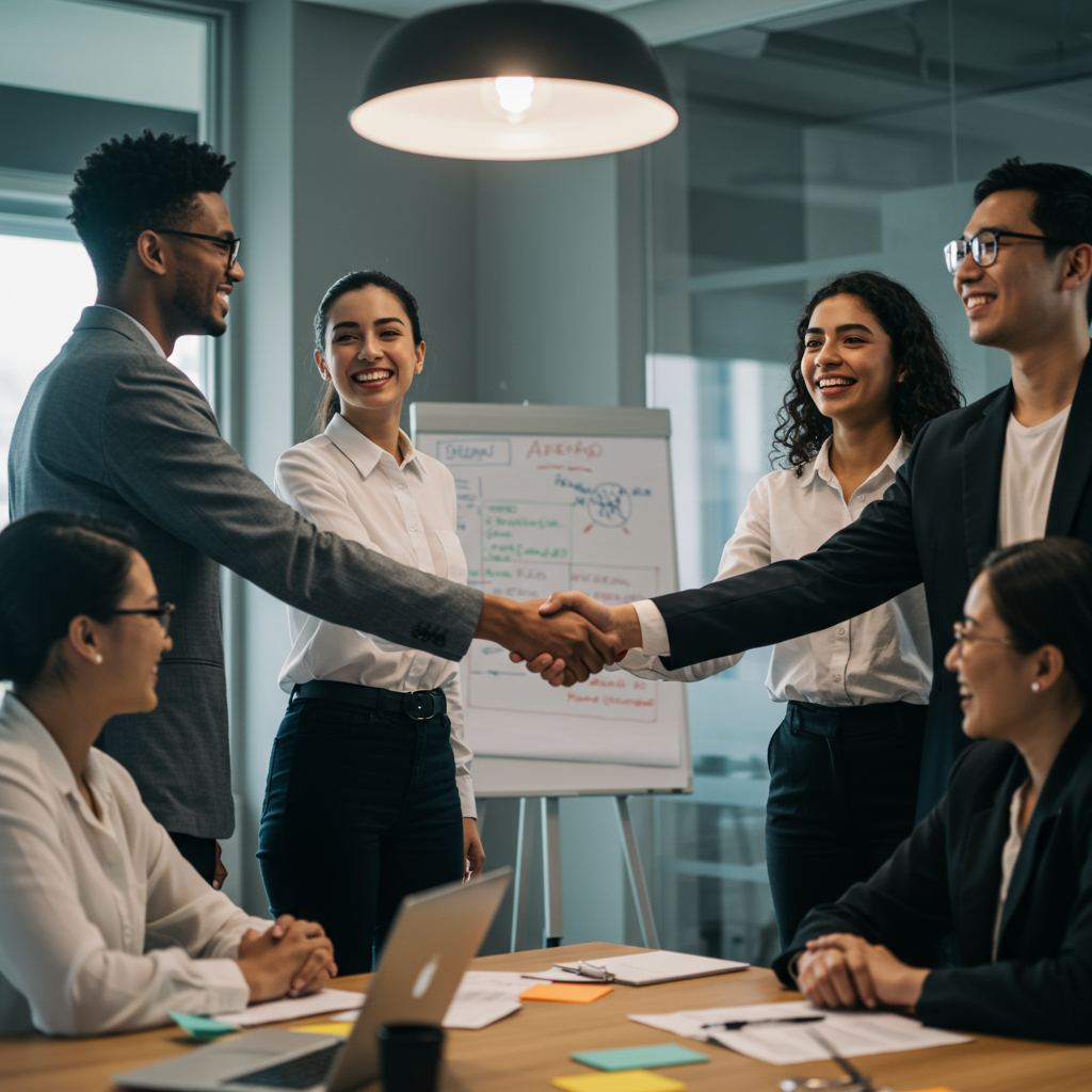 Zadowolony zespół klienta i agencji po udanej współpracy
