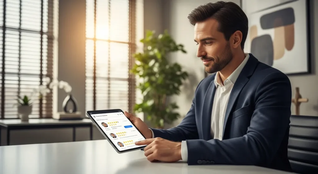 Właściciel firmy zarządzający opiniami klientów na tablecie