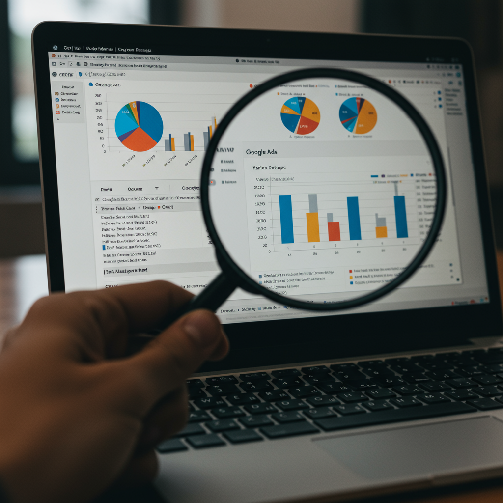 Zbliżenie na lupę analizującą raport efektywności Google Ads