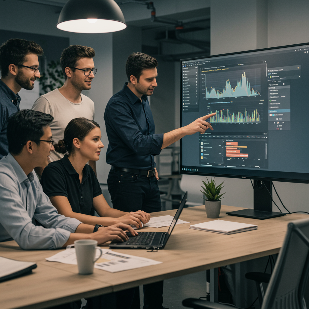 Zespół agencji interaktywnej analizujący dane content marketingowe na dużym ekranie