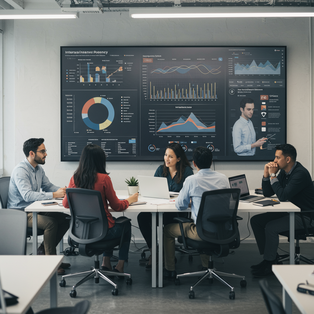 Zespół agencji interaktywnej analizujący dane dotyczące sprzedaży domen na dużym ekranie
