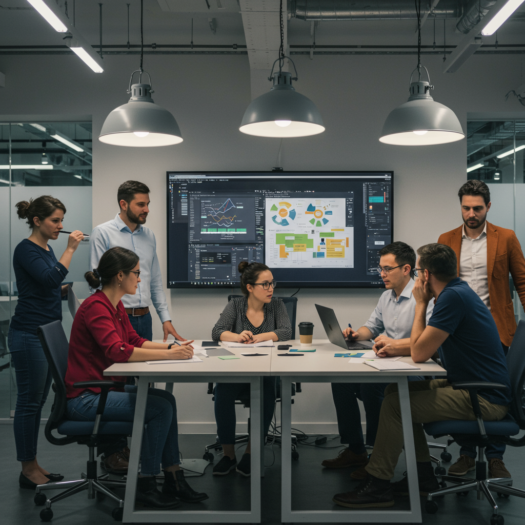 Zespół agencji interaktywnej analizujący dane i plany content marketingowe