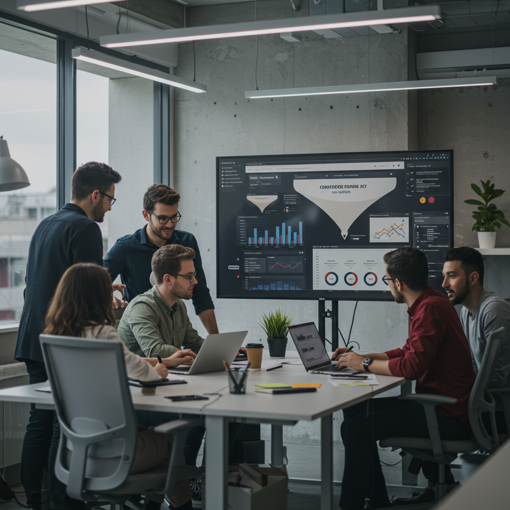 Zespół agencji interaktywnej analizujący dane konwersji na monitorze