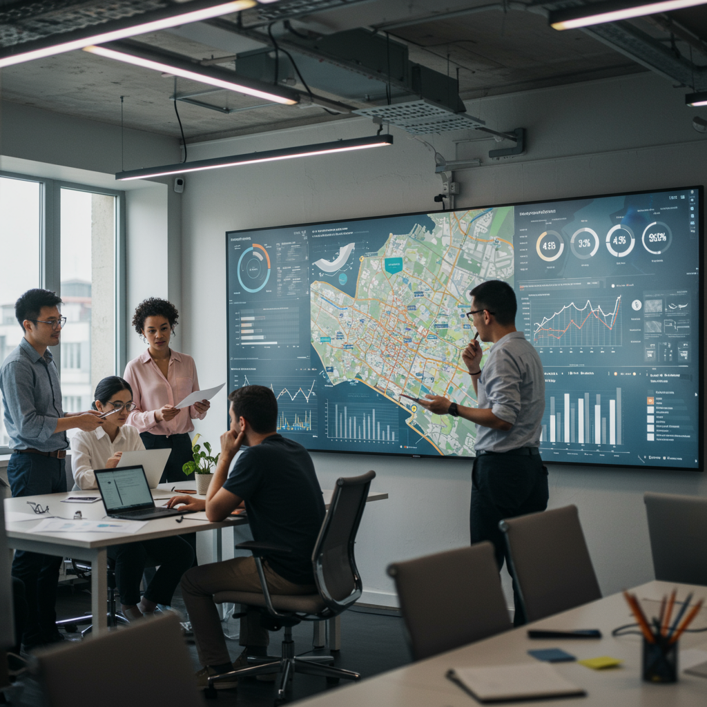 Zespół agencji interaktywnej analizujący dane lokalnego marketingu na ekranie