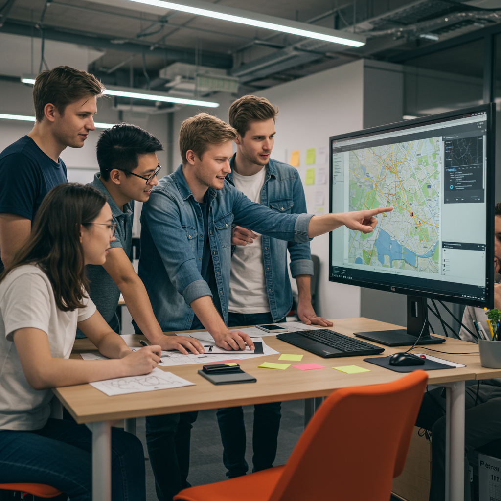 Zespół agencji interaktywnej analizujący dane lokalnego rynku na dużym ekranie.