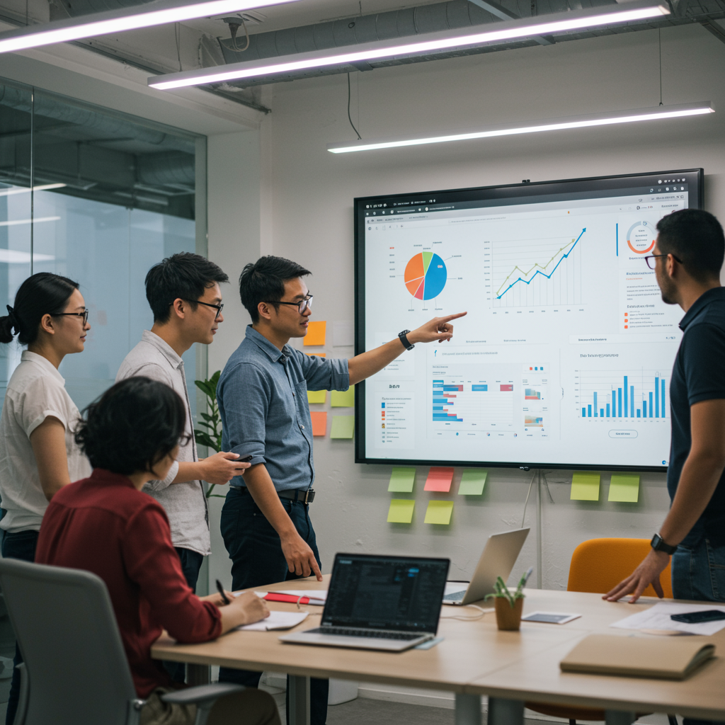 Zespół agencji interaktywnej analizujący dane strony internetowej na dużym ekranie