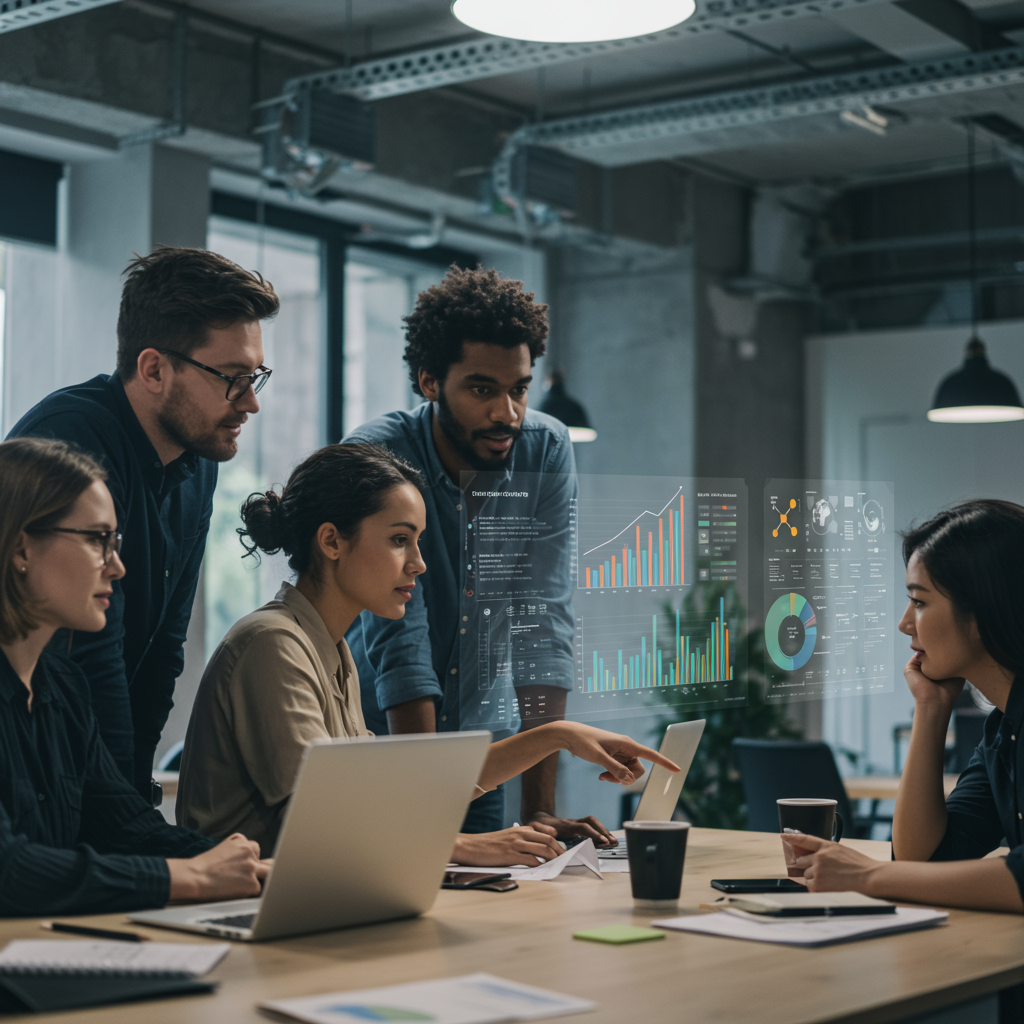 Zespół agencji interaktywnej analizujący dane z kampanii content marketingowych na cyfrowym pulpicie