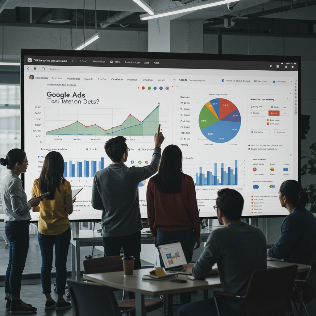 Zespół agencji interaktywnej analizujący dane z Kampanii Google Ads na dużym ekranie, symbolizujący sukces i strategiczne planowanie.