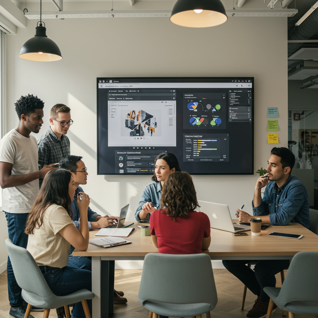 Zespół agencji interaktywnej analizujący strategię budowania wizerunku