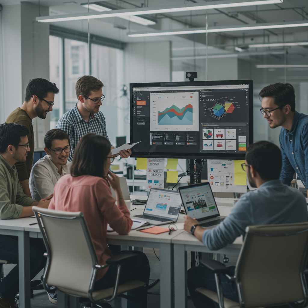 Zespół agencji interaktywnej analizujący wyniki modernizacji stron internetowych