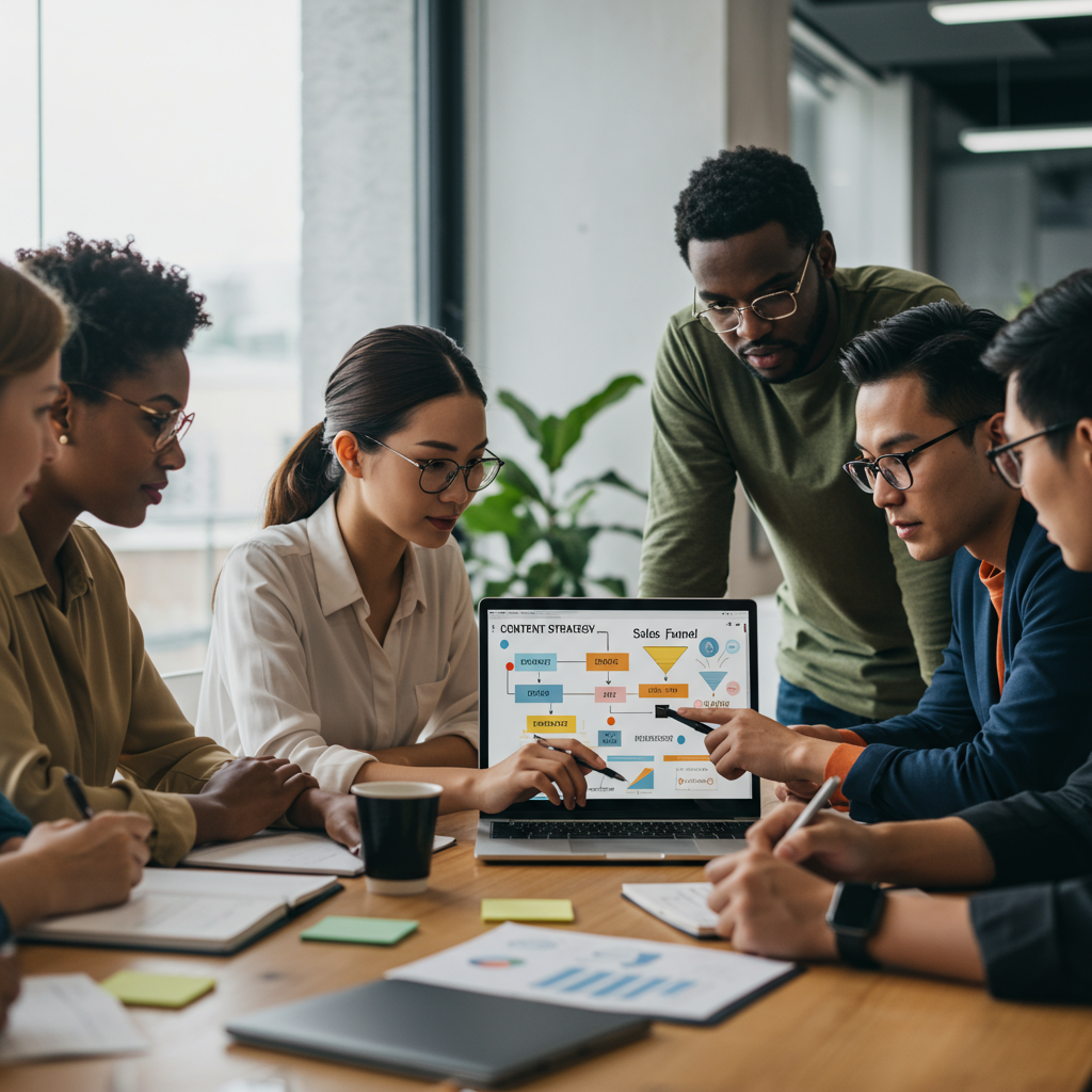 Zespół agencji interaktywnej omawiający strategię content marketingową i lejek sprzedażowy