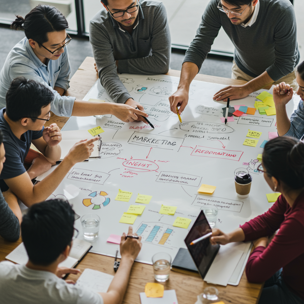 Zespół agencji interaktywnej omawiający strategię lokalnego SEO i zarządzania reputacją.