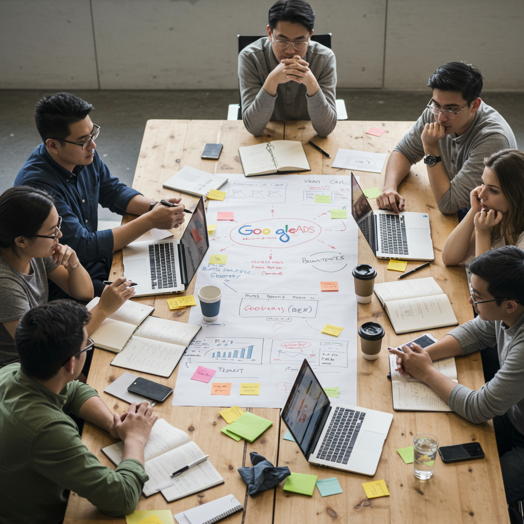 Zespół agencji interaktywnej planujący strategię Google Ads.