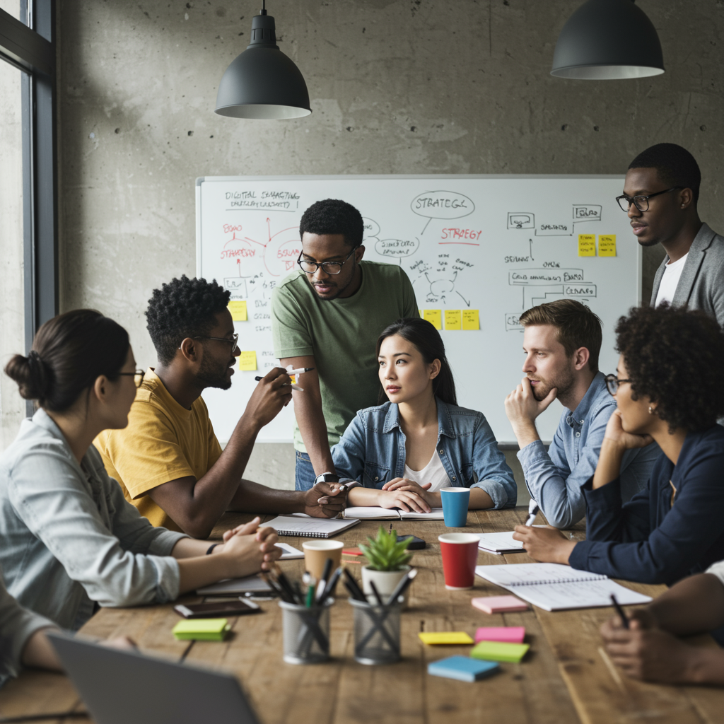Zespół agencji interaktywnej podczas burzy mózgów nad strategią marketingową.