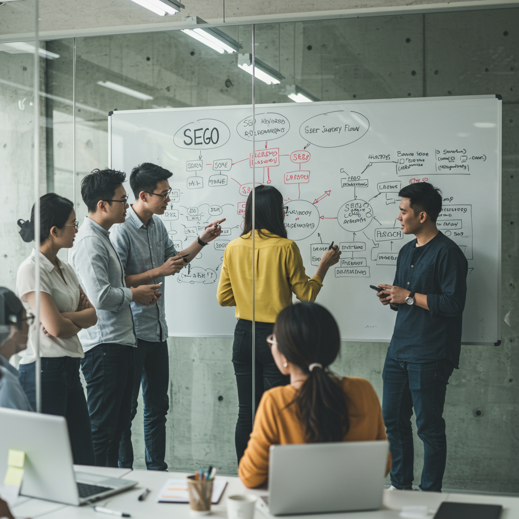 Zespół agencji interaktywnej podczas burzy mózgów nad strategią pozycjonowania.