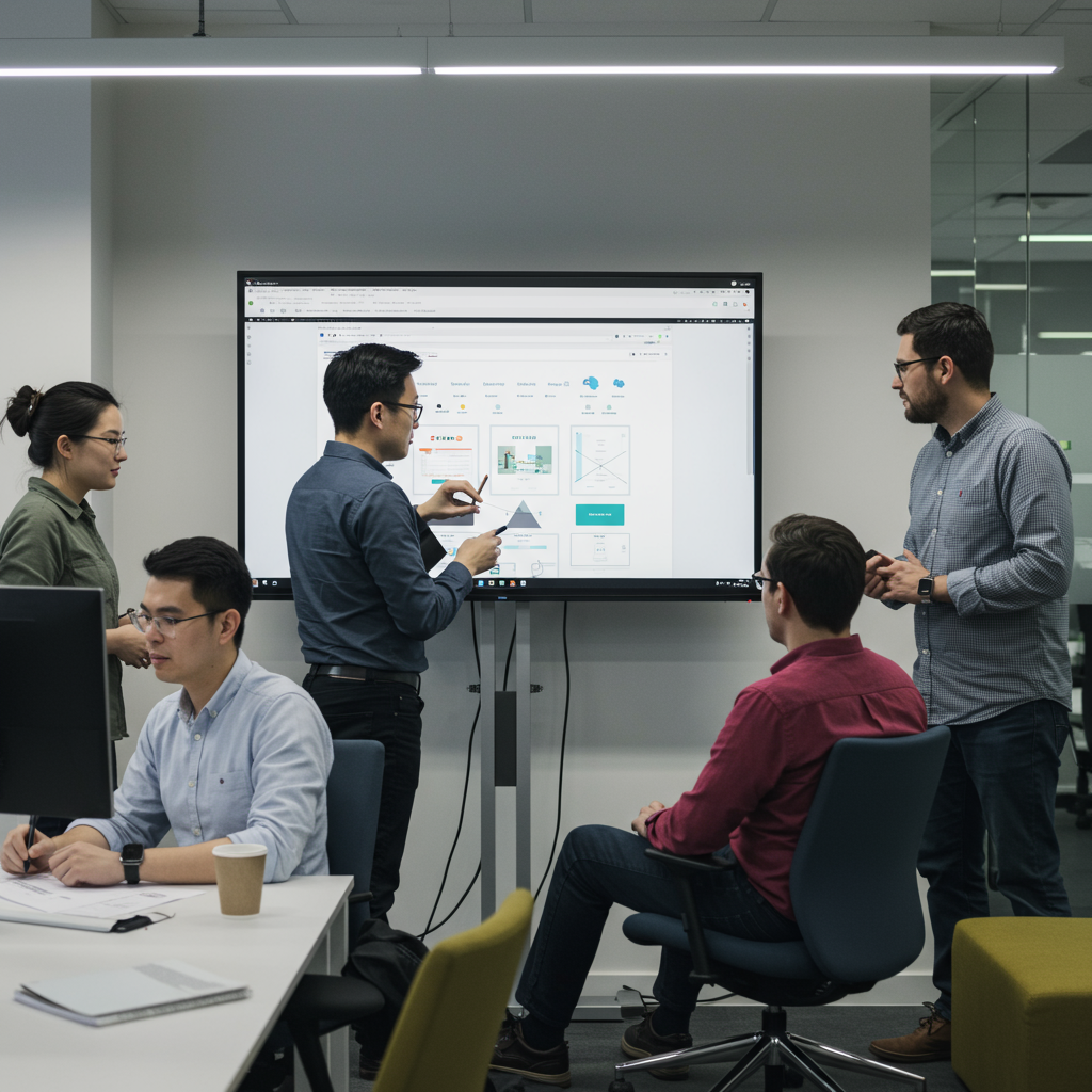 Zespół agencji interaktywnej pracujący nad projektem strony internetowej na dużym monitorze