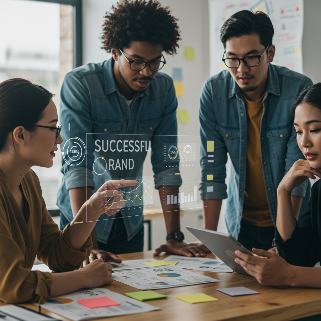 Zespół agencji interaktywnej pracujący nad strategią budowania wizerunku online dla klienta.