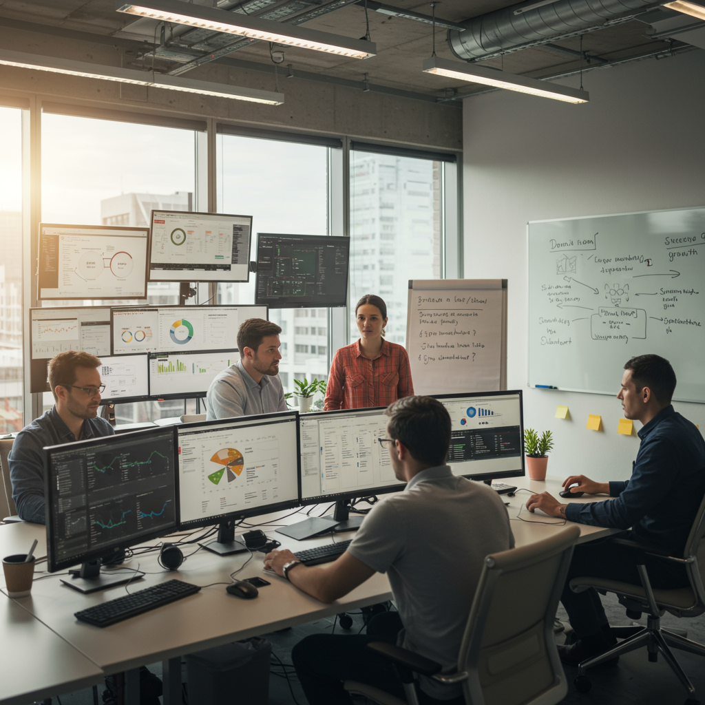 Zespół agencji interaktywnej pracuje nad optymalizacją portfela domen, z widocznymi wykresami i planami strategicznymi.