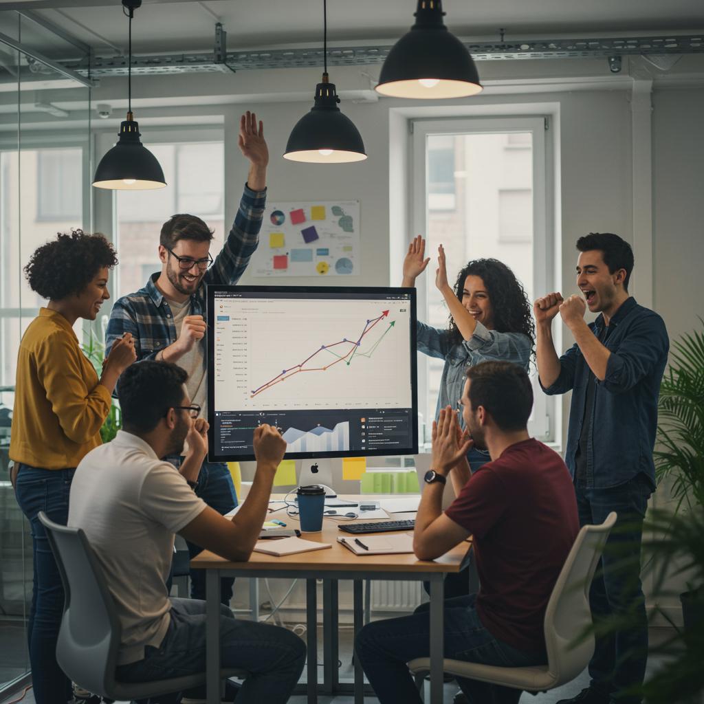 Zespół agencji interaktywnej świętujący sukces pozycjonowania stron i wzrost biznesu