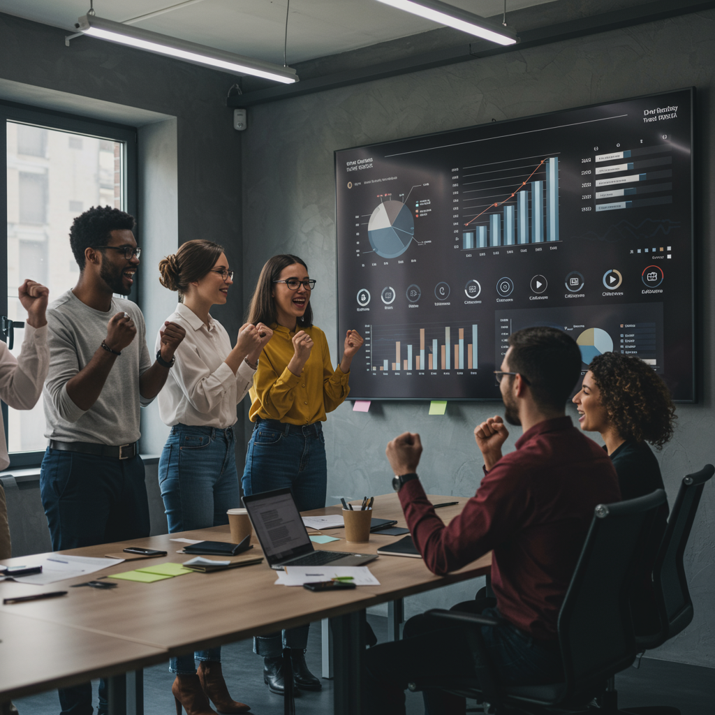 Zespół agencji interaktywnej świętujący sukces w generowaniu leadów z social mediów