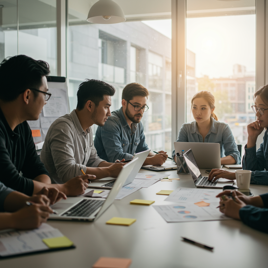 Zespół agencji interaktywnej współpracujący nad planowaniem strategii pozycjonowania
