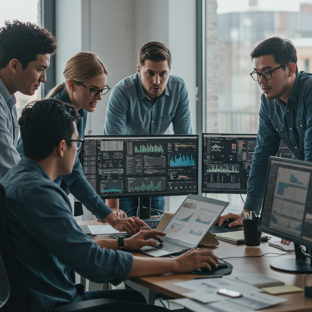 Zespół ekspertów agencji interaktywnej analizujący dane SEO na wielu monitorach