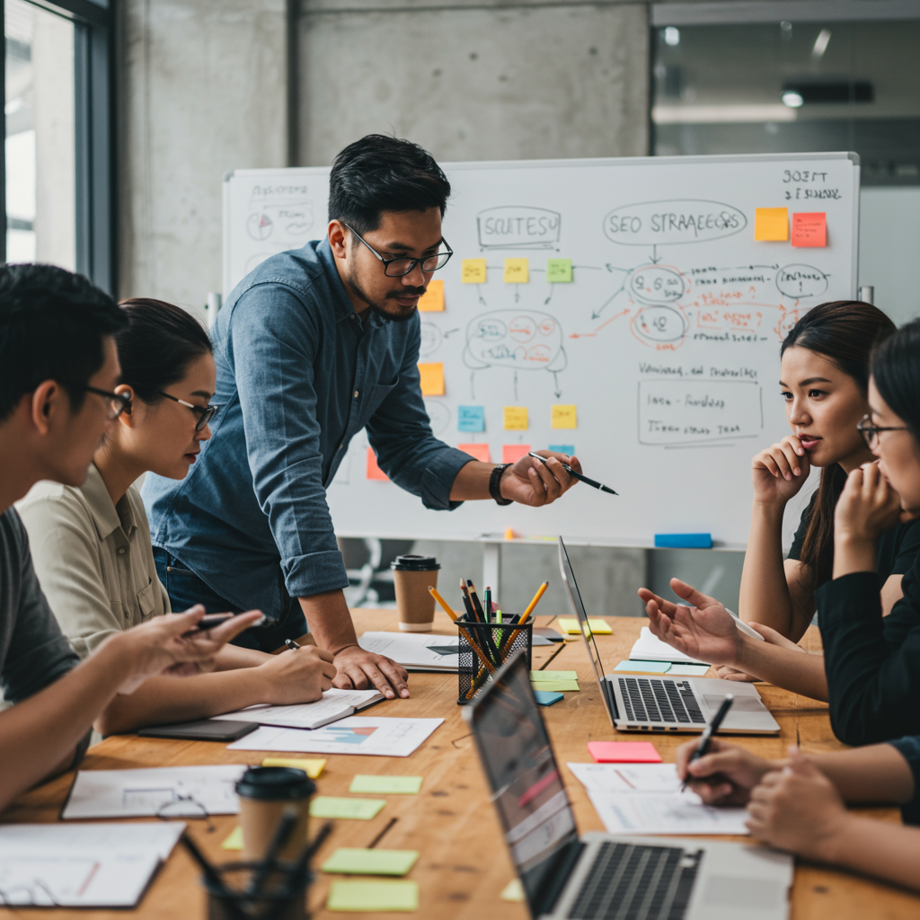 Zespół ekspertów agencji interaktywnej podczas burzy mózgów nad strategią SEO.