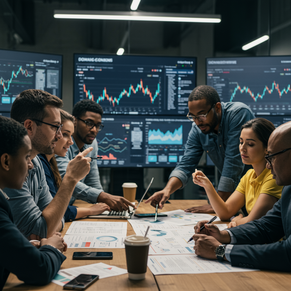 Zespół ekspertów agencji interaktywnej podczas strategicznej burzy mózgów na temat wyceny domen.