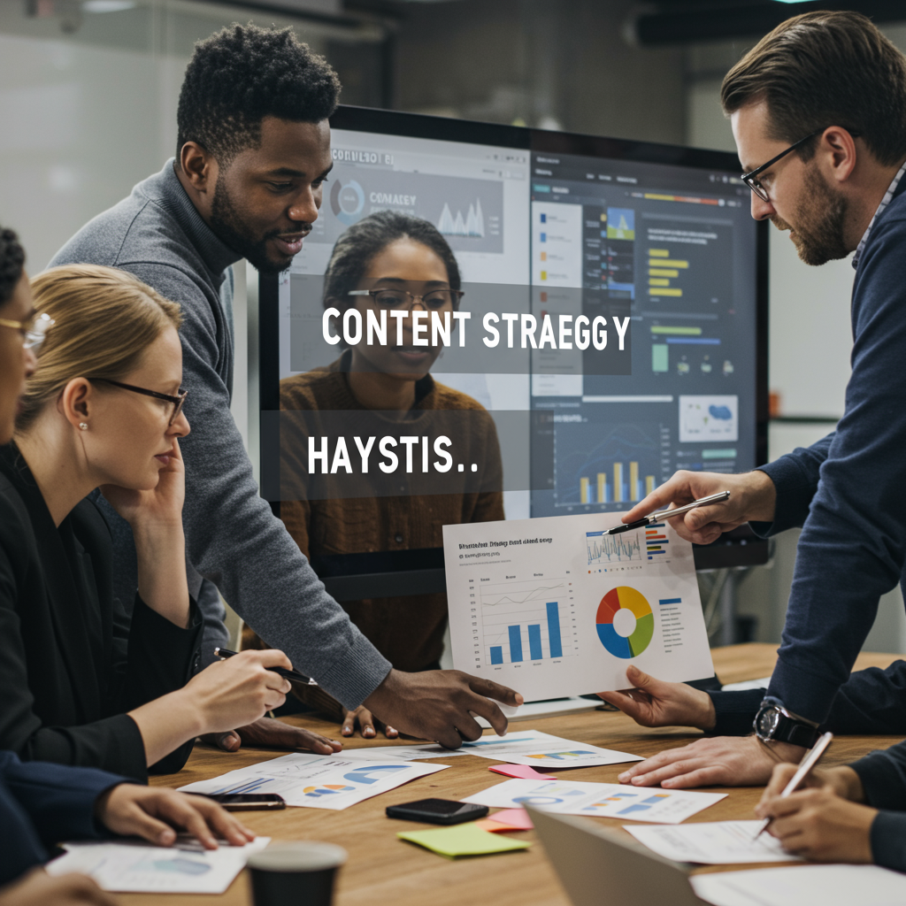 Zespół ekspertów omawiający strategię content marketingową przy stole.