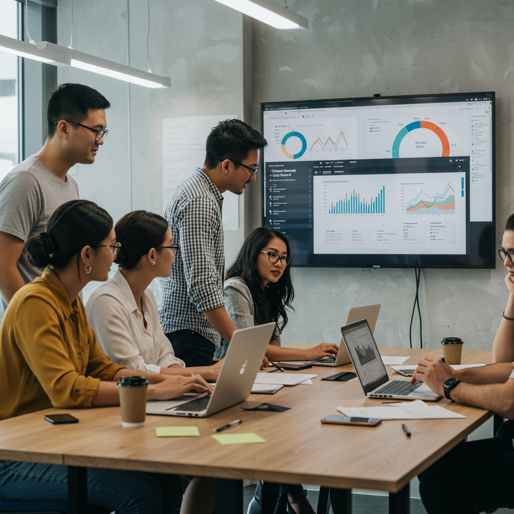 Zespół marketingowców analizujący dane i strategię contentową na dużym ekranie.
