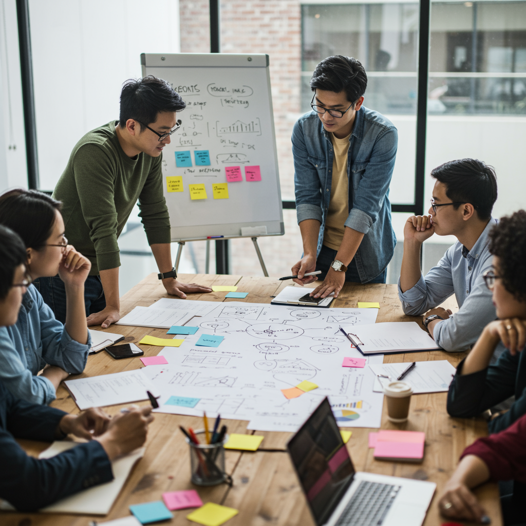 Zespół marketingowców omawiający strategię Google Ads przy stole konferencyjnym