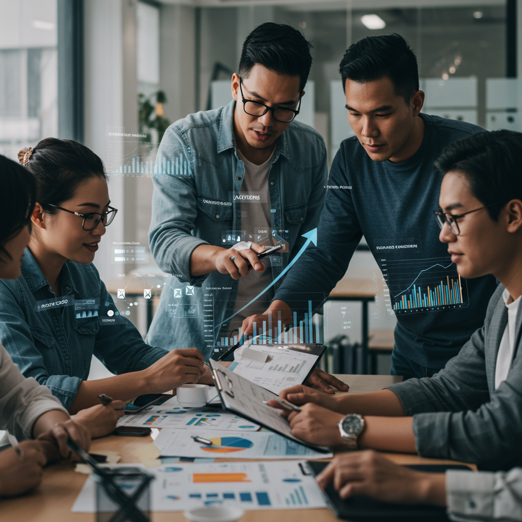 Zespół marketingowy analizujący dane i strategię rozwoju online.